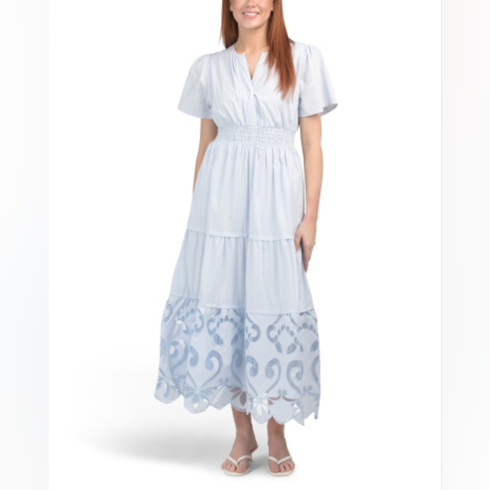 NWT - Haute Hippie Floral Embroidered Hem Cotton Blue Maxi Dress - Size L